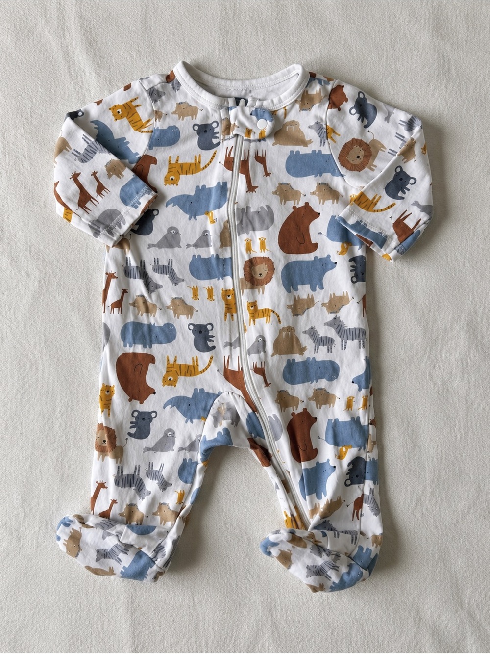 Carter's White One-Piece Footed Sleeper with Blue Brown & Yellow Animal Print 3M